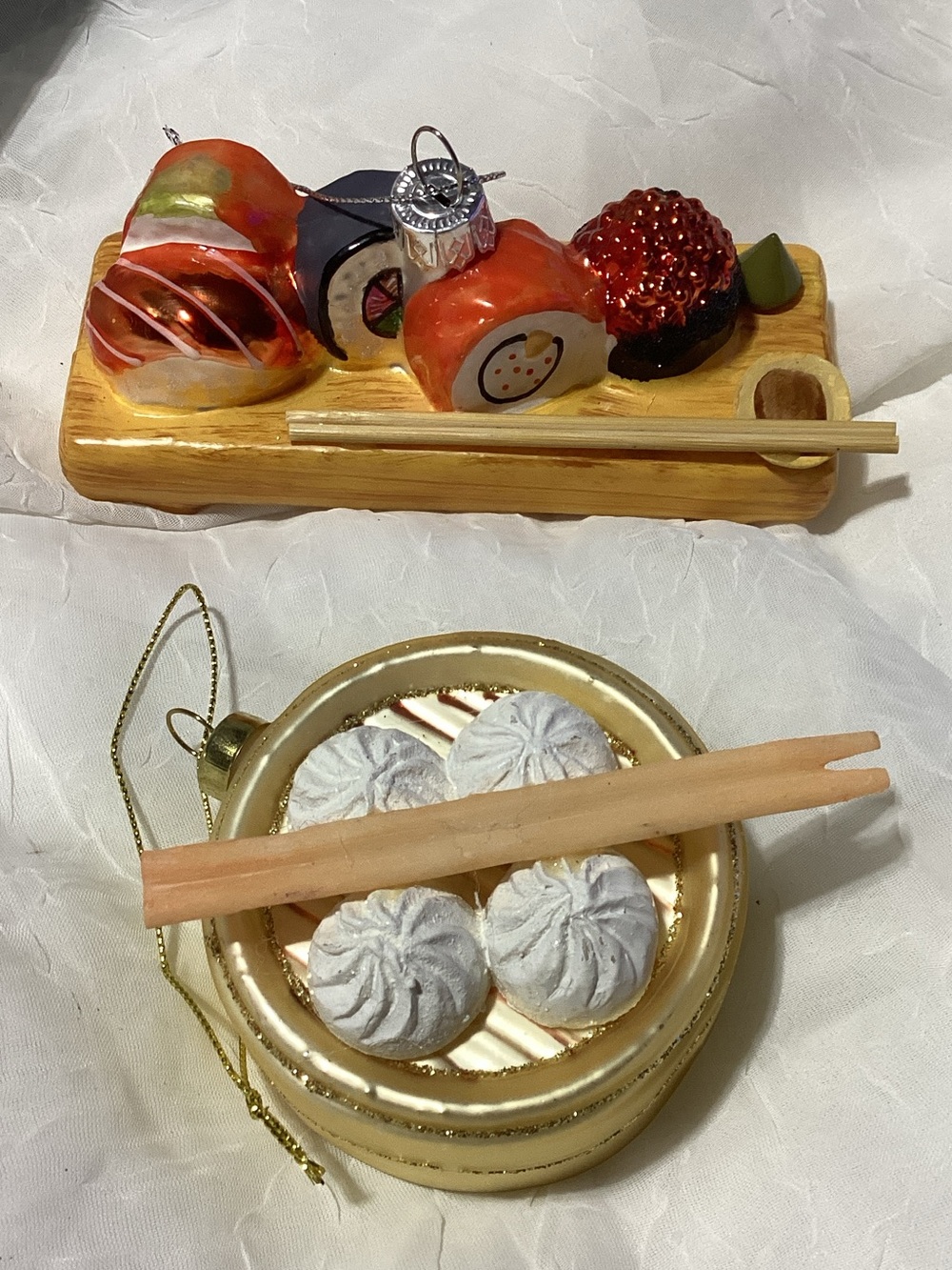 Sushi & Chinese Dumplings Glass Christmas Ornaments Fun Holiday Tree Decor